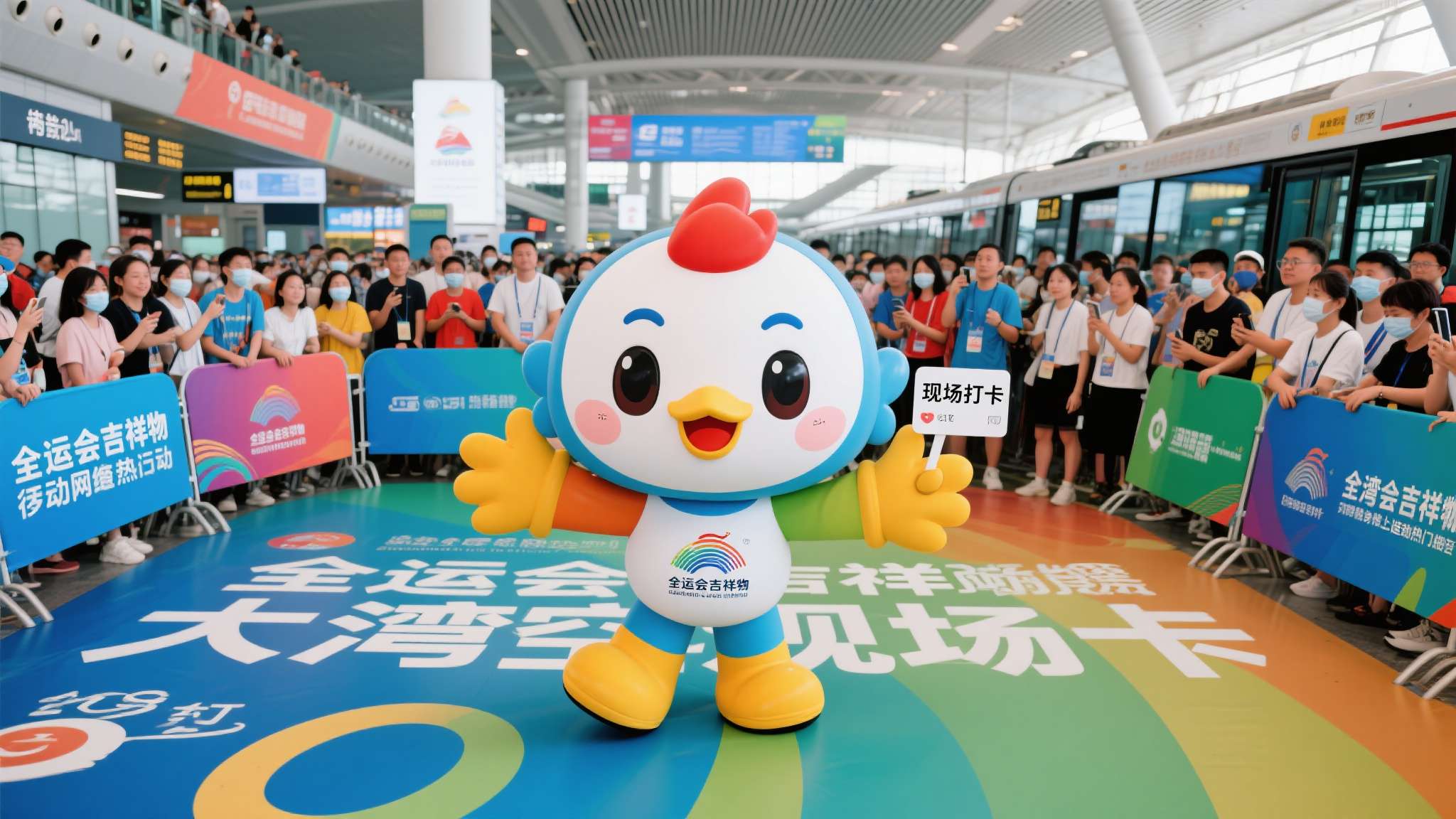 据统计，在当天短短几个小时内，“全运会吉祥物”、“大湾鸡空降”、“现场打卡”等相
